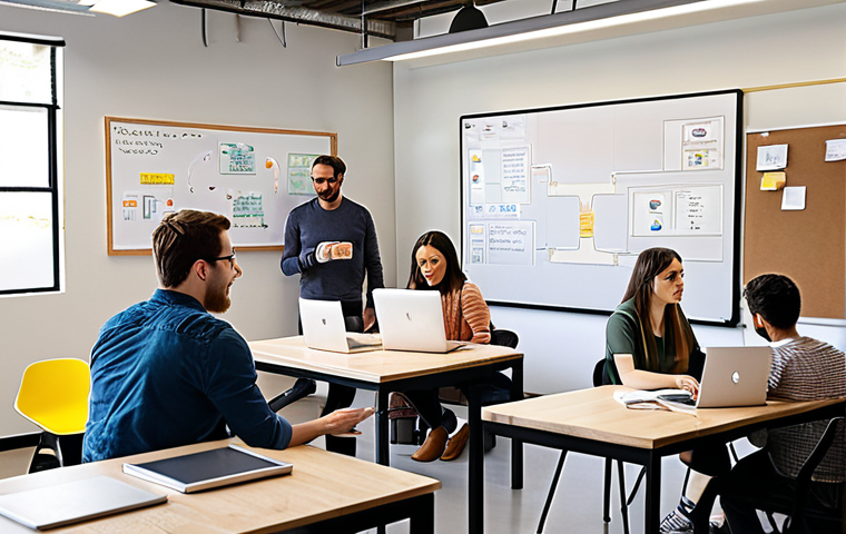 **
A collaborative workspace with diverse employees, some working on laptops and others brainstorming around a whiteboard. The atmosphere is open and transparent, with natural light and modern design. Emphasize teamwork, communication, and a sense of empowerment. Consider a "Silicon Valley" tech startup aesthetic.
**