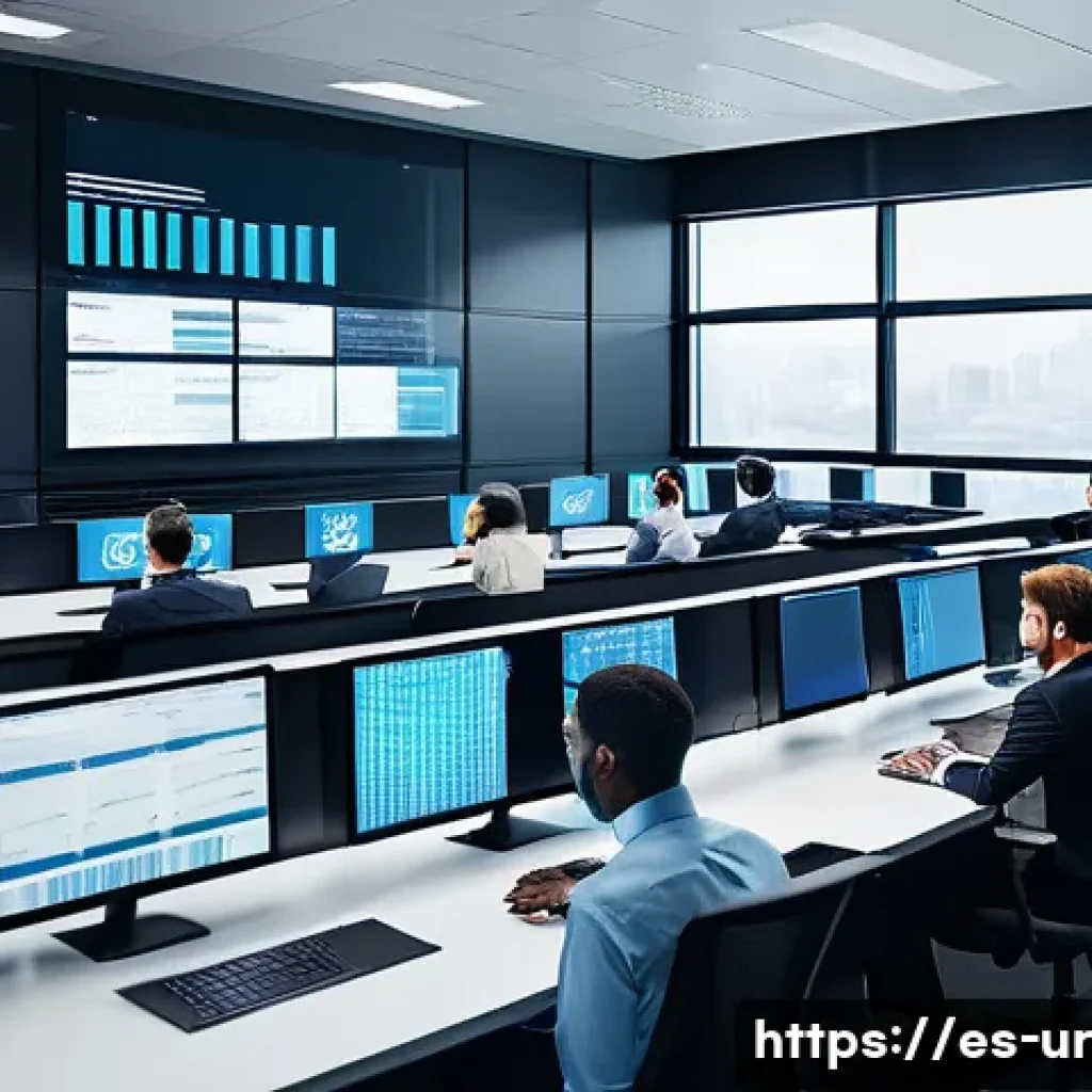 네트워크 조직 설계에서의 위험 관리 - A modern corporate IT team in a sleek, high-tech office environment actively monitoring multiple lar...