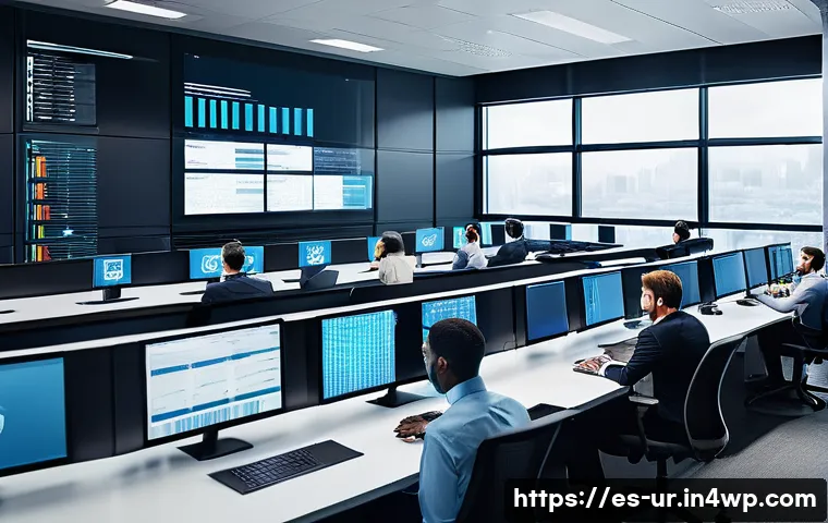 네트워크 조직 설계에서의 위험 관리 - A modern corporate IT team in a sleek, high-tech office environment actively monitoring multiple lar...