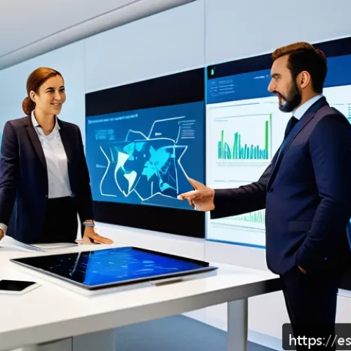 네트워크 조직 모델의 장단점 - A modern corporate office scene in Spain showcasing a diverse team of professionals collaborating ar...