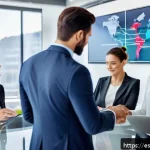 조직의 비전과 네트워크 설계의 통합 - A modern corporate office scene showing a diverse team of professionals collaborating around a large...