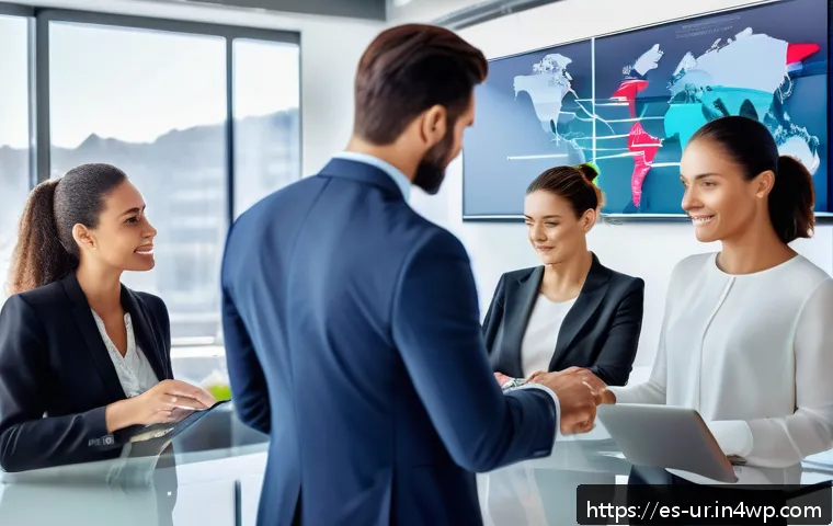 조직의 비전과 네트워크 설계의 통합 - A modern corporate office scene showing a diverse team of professionals collaborating around a large...