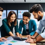 대규모 프로젝트를 위한 네트워크 조직 설계 - A dynamic, modern office environment showing a diverse team of Hispanic professionals collaborating ...