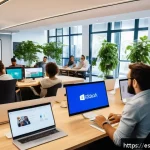 네트워크 조직 설계의 성공 사례 분석 - A modern Spanish technology company office scene showing diverse autonomous teams collaborating dyna...