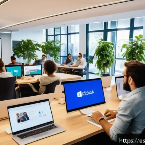 네트워크 조직 설계의 성공 사례 분석 - A modern Spanish technology company office scene showing diverse autonomous teams collaborating dyna...