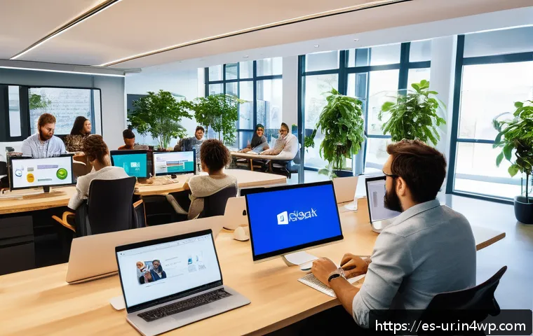 네트워크 조직 설계의 성공 사례 분석 - A modern Spanish technology company office scene showing diverse autonomous teams collaborating dyna...