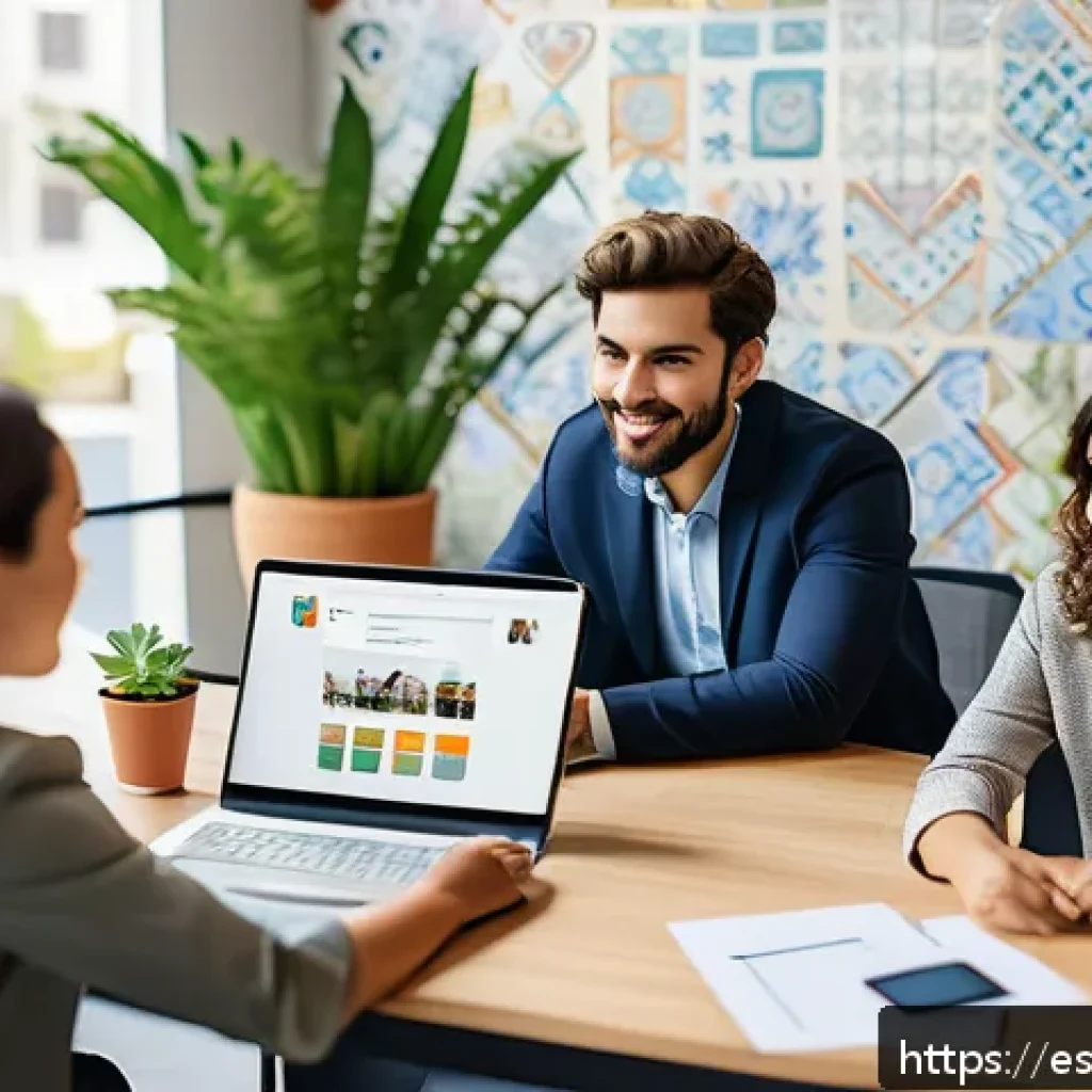 고객 중심의 네트워크 조직 설계 전략 - A modern, vibrant office environment with a diverse team of Spanish-speaking professionals actively ...