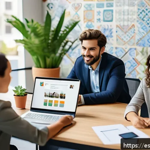Home 17 고객 중심의 네트워크 조직 설계 전략 - A modern, vibrant office environment with a diverse team of Spanish-speaking professionals actively ...
