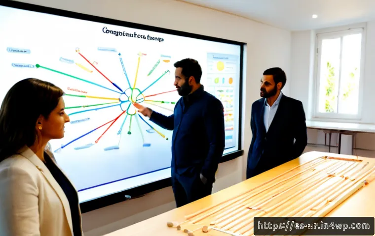 네트워크 조직 설계 시 유의해야 할 점 - Photorealistic business workshop in a modern Spanish office, a diverse team of managers and IT speci...